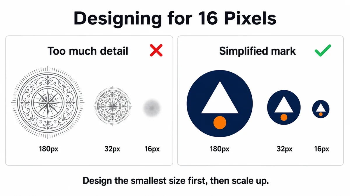 Left: an ornate circular emblem of fine line work shown at 180, 32 and 16 pixels, where the smallest version collapses into a grey smudge. Right: a bold geometric mark of a circle, triangle and dot at the same three sizes, still clearly readable at 16 pixels